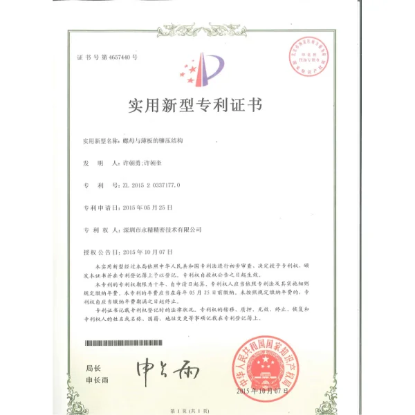 Nut and Thin Plate Riveting Structure Patent